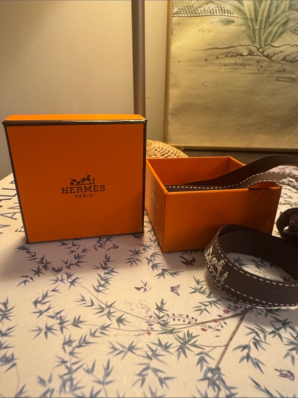 Authentic Hermes Scarf Ring Jewelry Empty Box 2.25" x 2.25" x 1.25" with ribbon